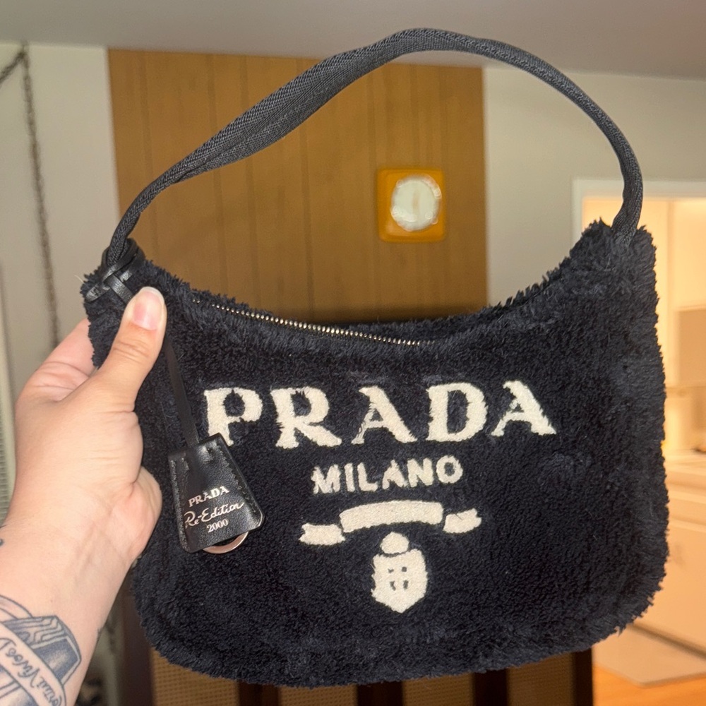 Prada Black and White Terry Logo Shoulder Bag Re-edition 2000s